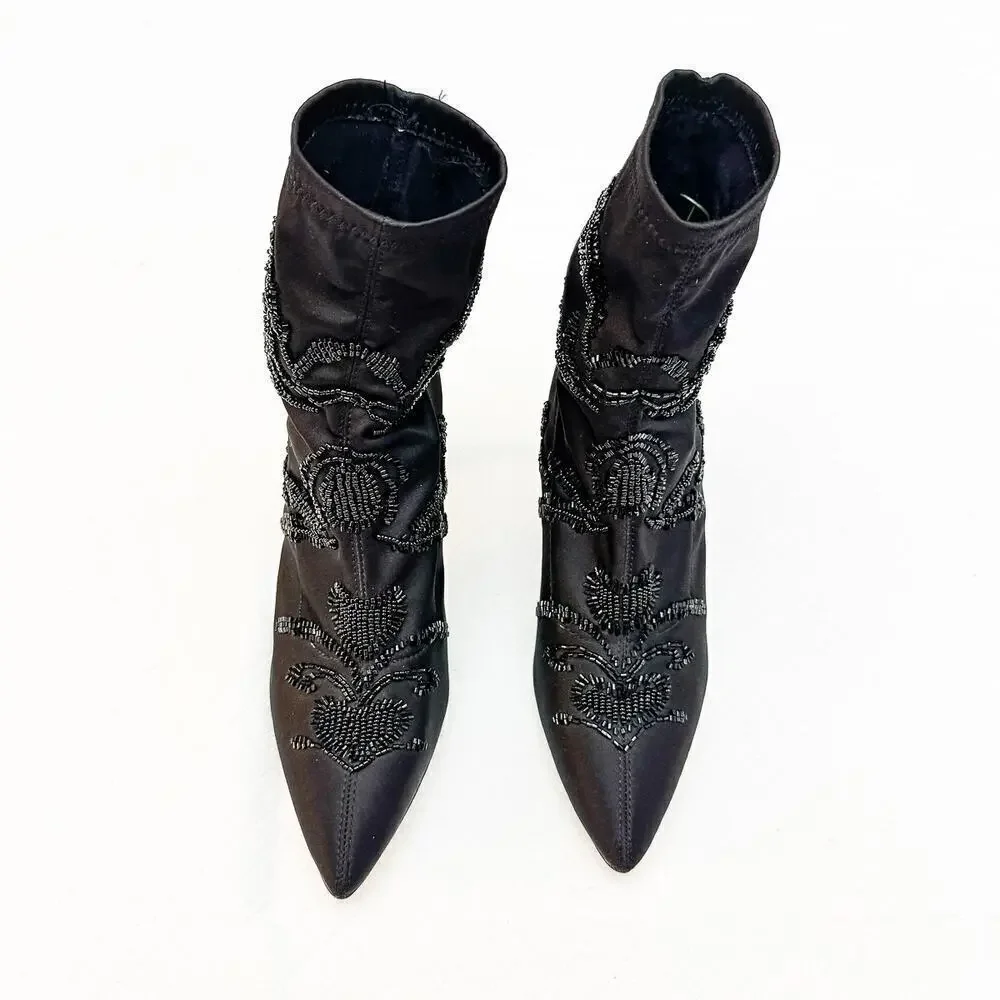Zara Satin Embroidered Sequin Embellished Black Pointy Toe Booties Size 36